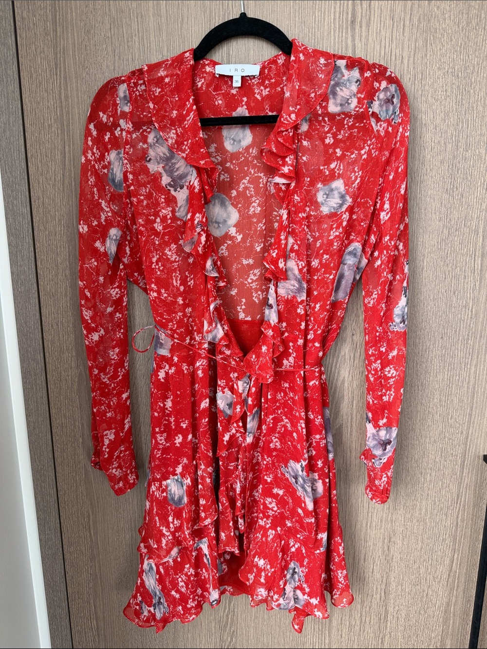 IRO Red Floral Ruffle Wrap Mini Dress